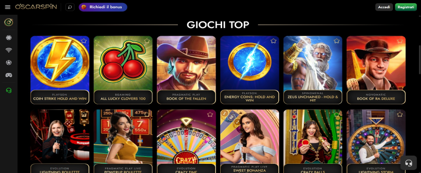 Στιγμιότυπο οθόνης της κύριας σελίδας του Oscarspin Casino